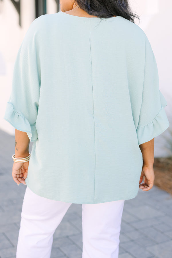 Chic Soul plus size clothing, light green short sleeve babydoll top with ruffle sleeves