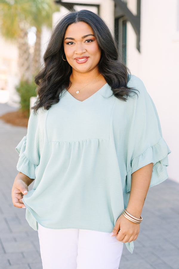 Chic Soul plus size clothing, light green short sleeve babydoll top with ruffle sleeves