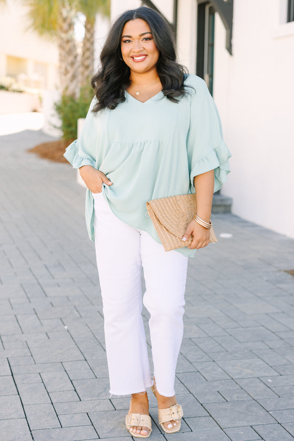 Chic Soul plus size clothing, light green short sleeve babydoll top with ruffle sleeves