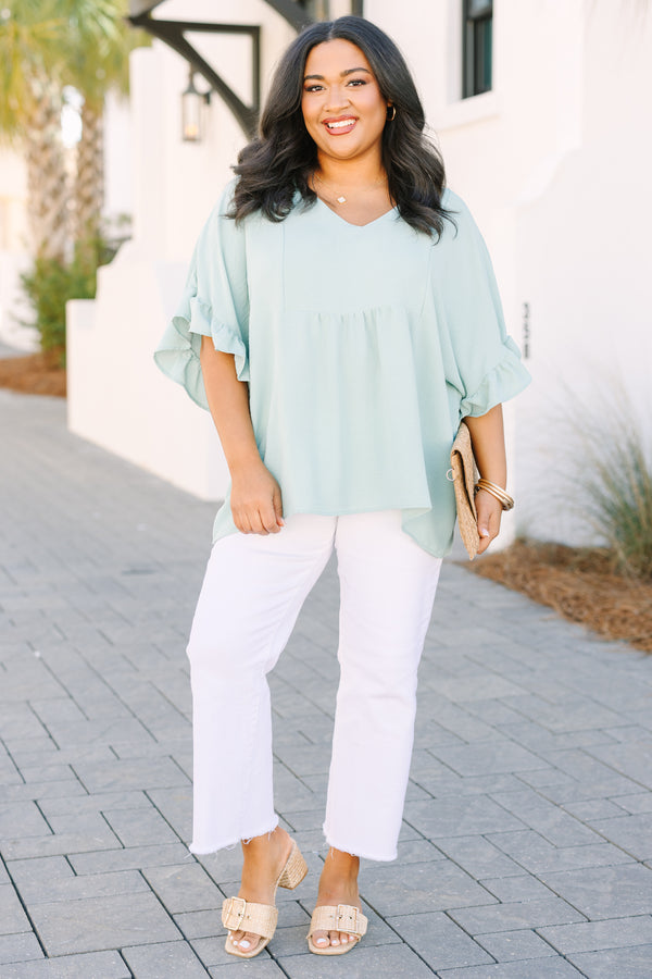 Chic Soul plus size clothing, light green short sleeve babydoll top with ruffle sleeves
