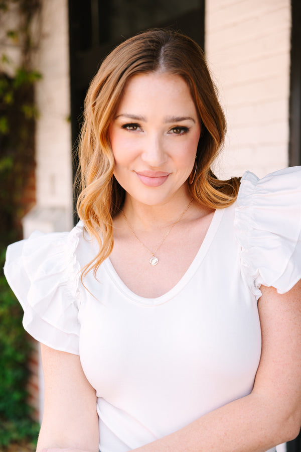 Chic Soul plus size clothing, gold necklace with a a distressed metal circle charm hanging off the center of the necklace 