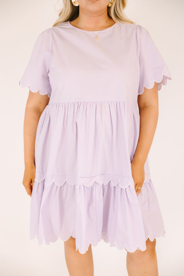 Chic Soul plus size clothing, light lilac purple short sleeve tiered baby doll dress with scalloped detailing on the edges of the sleeves and at the bottom of each tier
