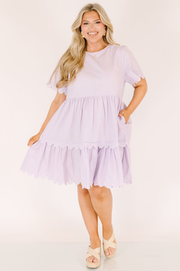 Chic Soul plus size clothing, light lilac purple short sleeve tiered baby doll dress with scalloped detailing on the edges of the sleeves and at the bottom of each tier