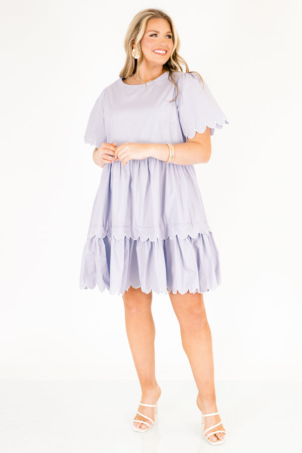 Chic Soul plus size clothing, light purple short sleeve tiered dress with scallop detailing on the sleeves and each hem