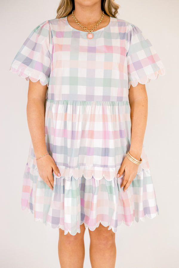 Chic Soul plus size clothing, pastel plaid knee length dress that has two tiers that both have a scalloped ruffle detail at the bottom of each tier scalloped detailing at the end of each sleeve