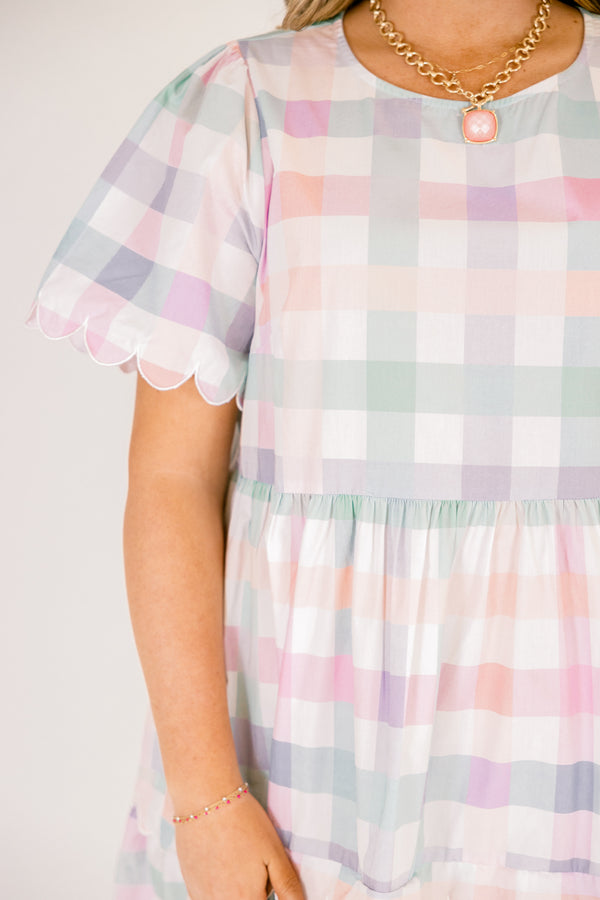 Chic Soul plus size clothing, pastel plaid knee length dress that has two tiers that both have a scalloped ruffle detail at the bottom of each tier scalloped detailing at the end of each sleeve