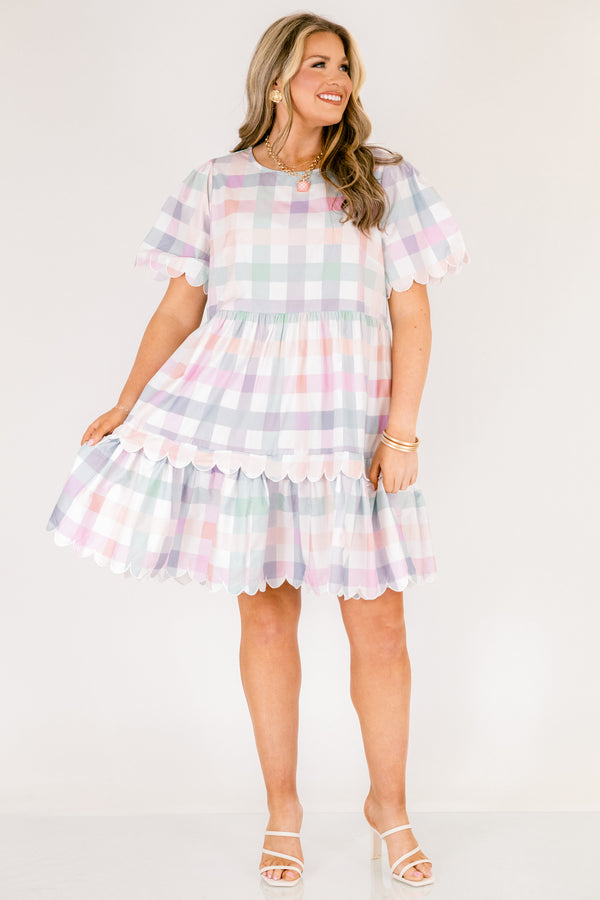 Chic Soul plus size clothing, pastel plaid knee length dress that has two tiers that both have a scalloped ruffle detail at the bottom of each tier scalloped detailing at the end of each sleeve