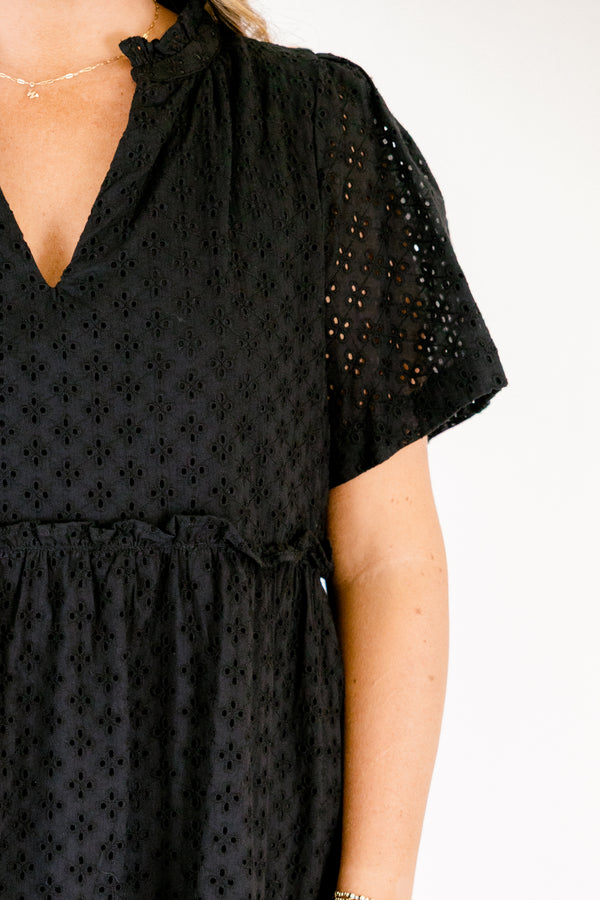 Chic Soul plus size clothing, black short sleeve tiered baby doll dress with eyelet detailing fabric and  v neckline
