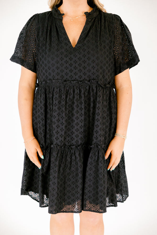 Chic Soul plus size clothing, black short sleeve tiered baby doll dress with eyelet detailing fabric and  v neckline