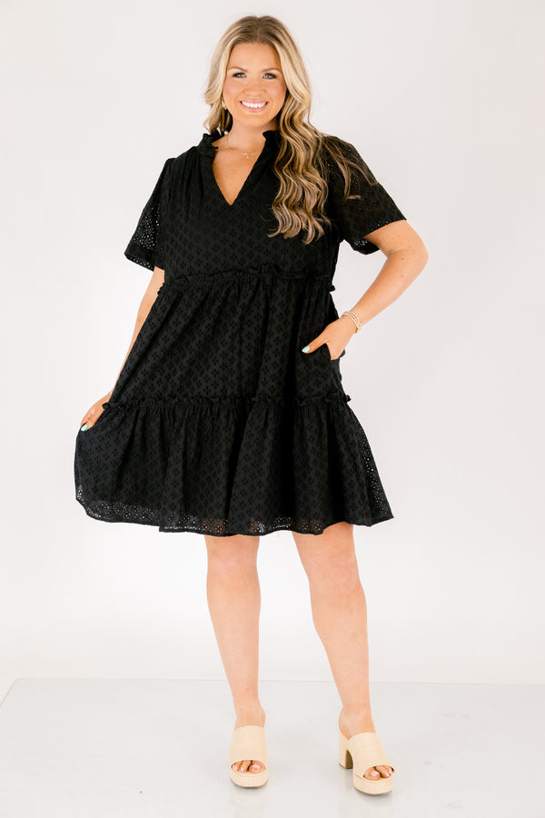 Chic Soul plus size clothing, black short sleeve tiered baby doll dress with eyelet detailing fabric and  v neckline