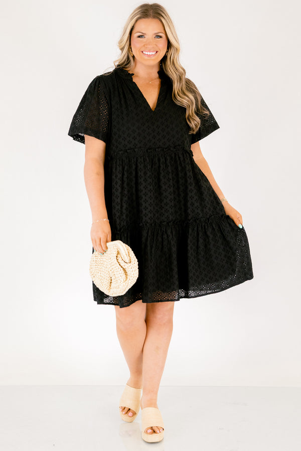 Chic Soul plus size clothing, black short sleeve tiered baby doll dress with eyelet detailing fabric and  v neckline