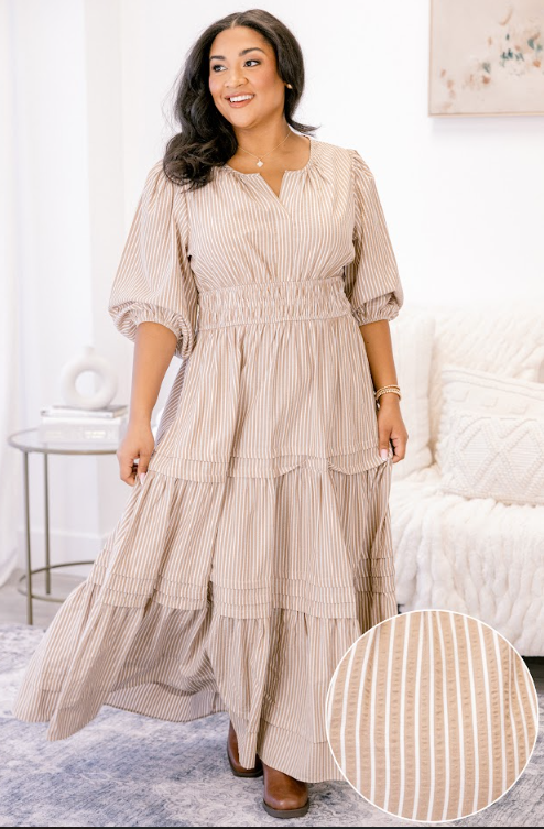 Chic Soul plus size clothing, brown and white vertical pin stripe tiered maxi dress with short puff sleeves and cinching at the waist