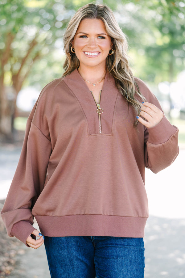 Plus Size brown scuba half-zip pullover with a gold ring zipper pull and ribbed hem and cuffs.