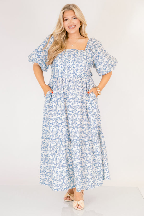 Chic Soul plus size clothing, blue and white floral print short puff sleeve square neck tiered midi dress