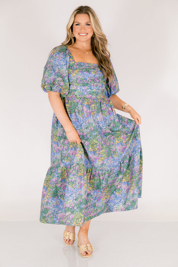 Chic Soul plus size clothing, floral mix tiered maxi dress with bubble sleeves and a square neckline and rouching on the chest
