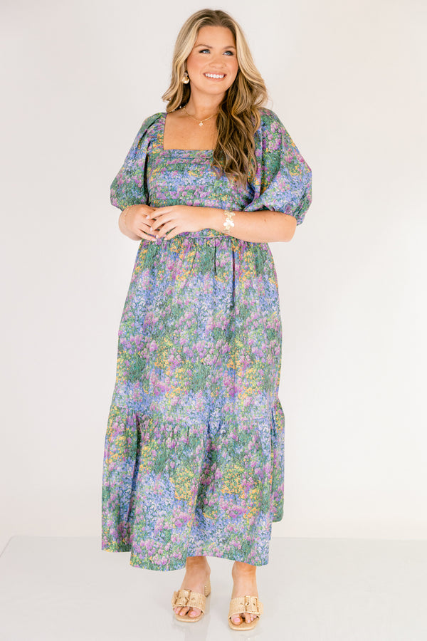 Chic Soul plus size clothing, floral mix tiered maxi dress with bubble sleeves and a square neckline and rouching on the chest