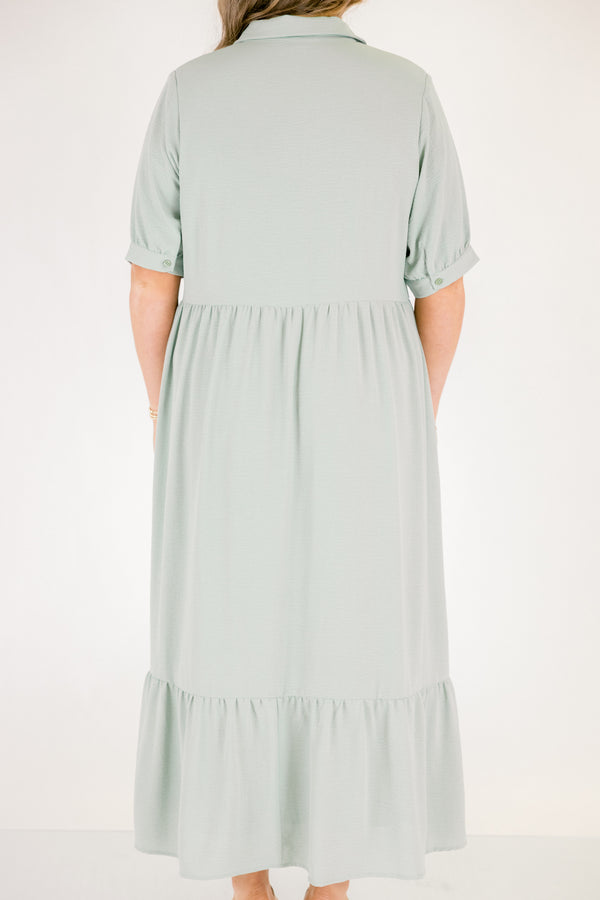 Chic Soul plus size clothing, mint green short sleeve button up tiered flowy maxi dress with collar