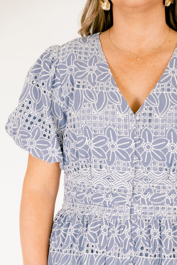 Chic Soul plus size clothing, ice blue maxi dress with bubble sleeves a v-neckline and a white eyelet floral pattern throughout the dress 