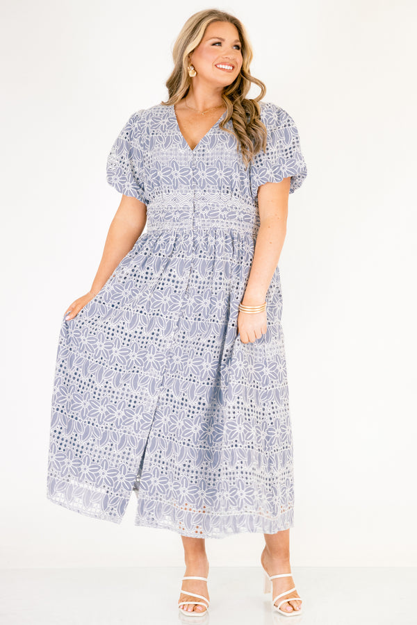 Chic Soul plus size clothing, ice blue maxi dress with bubble sleeves a v-neckline and a white eyelet floral pattern throughout the dress 