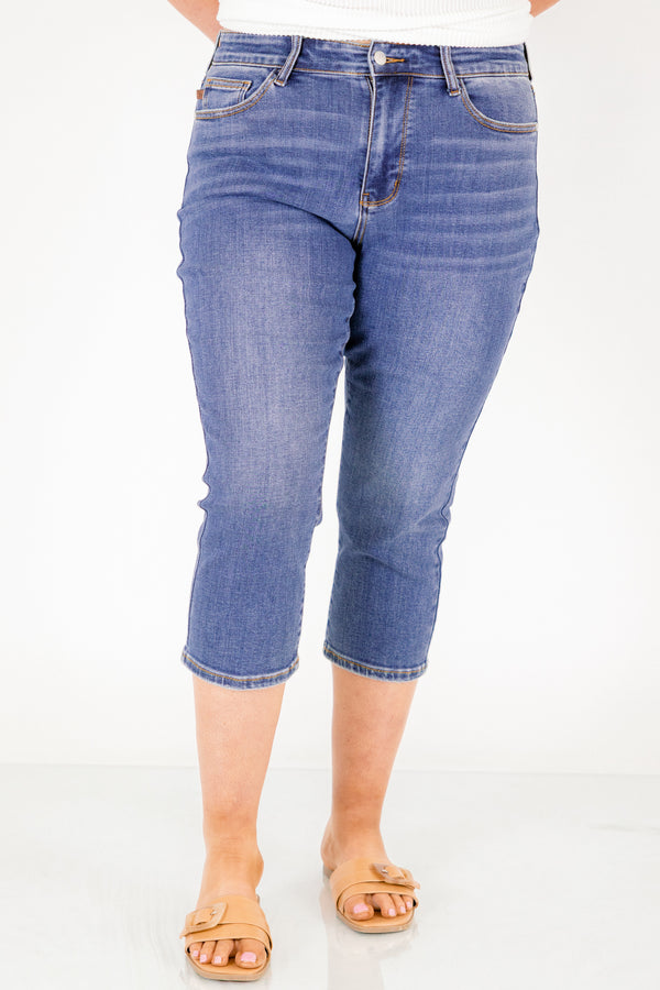 Chic Soul plus size clothing, dark wash skinny capri blue jeans 