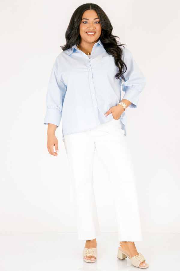 Chic Soul plus size clothing, light blue button up top with a collar and long sleeves that have cuffs at the ends 