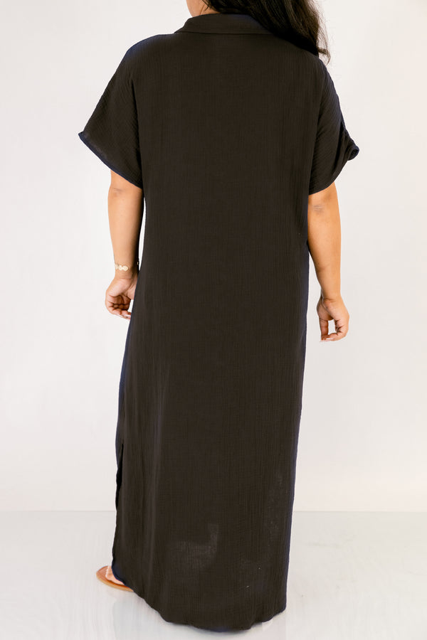 Chic Soul plus size clothing, black short sleeve maxi dress with buttons down the front of the dress and collar