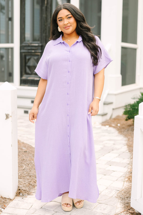 Chic Soul plus size clothing, lilac purple short sleeve maxi dress with collar and buttons down the middle to the bottom of the dress