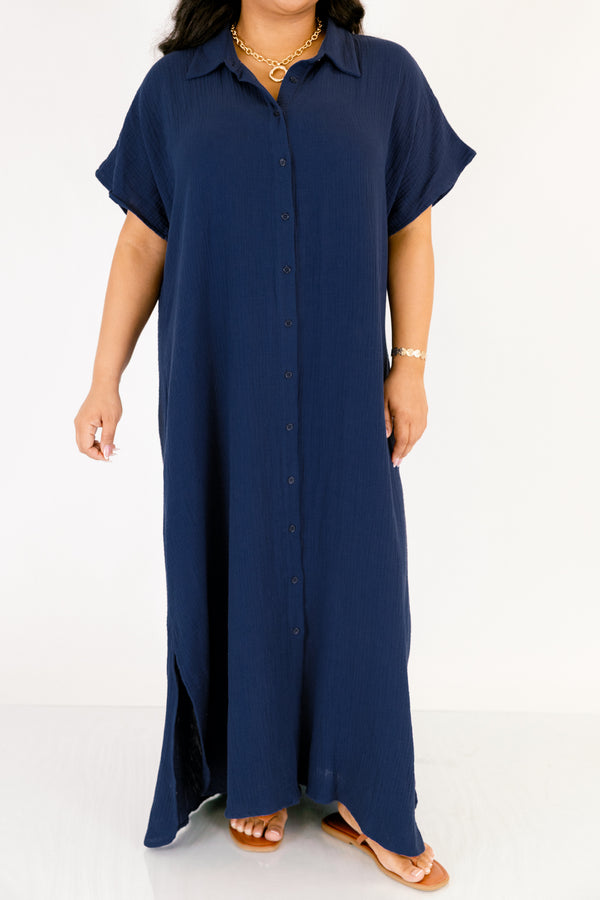 Chic Soul plus size clothing, navy short sleeve button up collared maxi dress