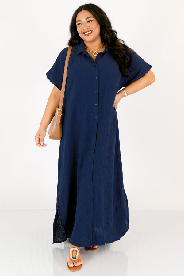 Chic Soul plus size clothing, navy short sleeve button up collared maxi dress