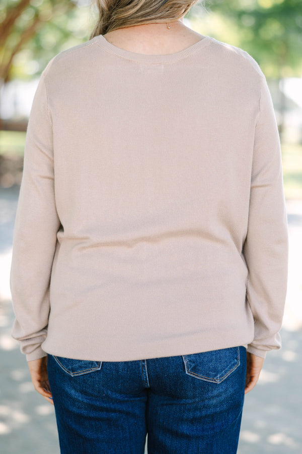 Plus size taupe Sweater, featuring a relaxed fit and soft viscose fabric.
