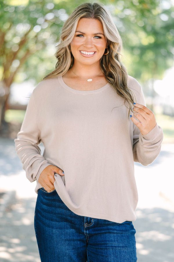Plus size taupe Sweater, featuring a relaxed fit and soft viscose fabric.