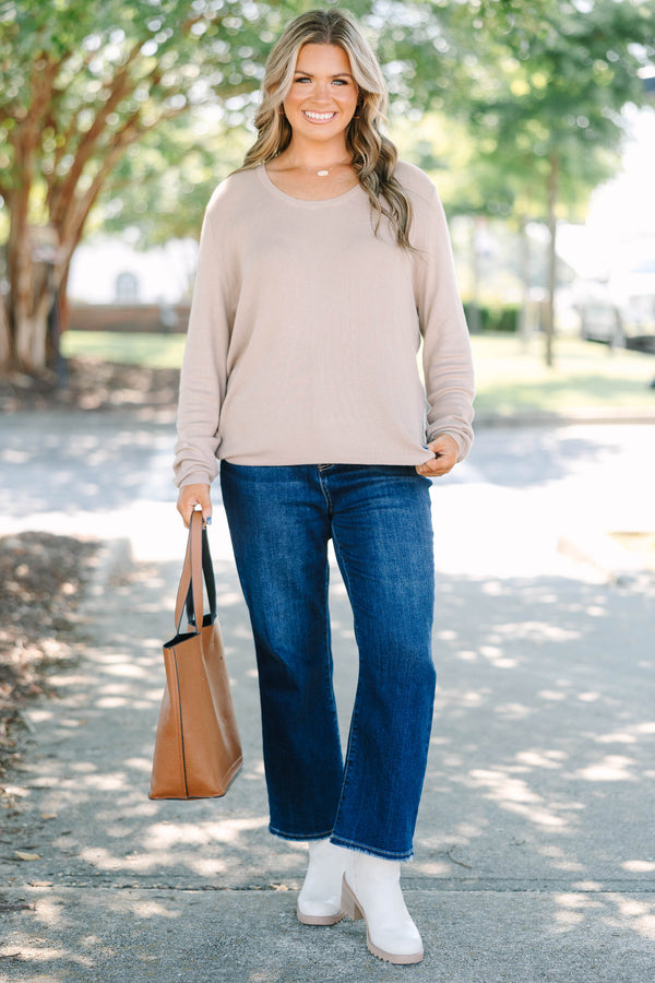 Plus size taupe Sweater, featuring a relaxed fit and soft viscose fabric.