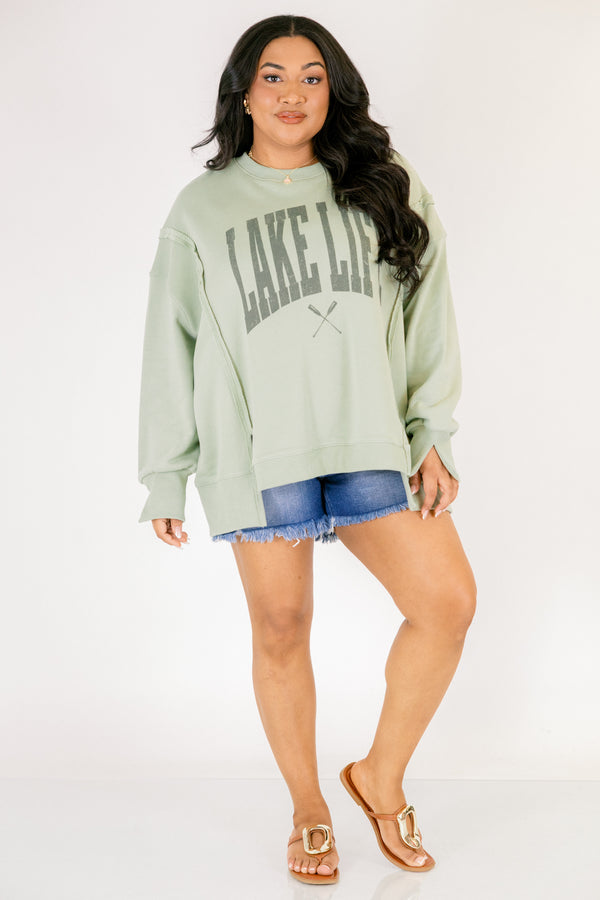 Chic Soul plus size clothing, light green long sleeve crewneck pullover with 