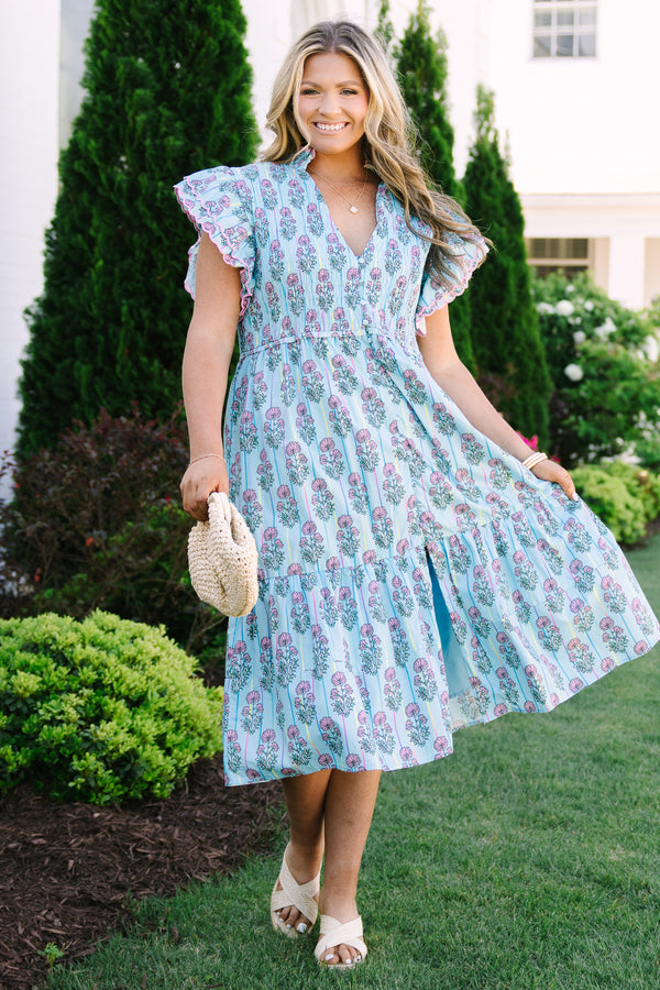 Chic Soul plus size clothing, blue midi dress with futter sleeves and a deep v-neckline as well as a pink floral block pattern throughout 
