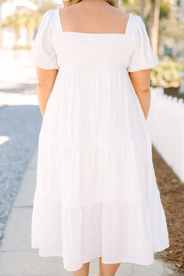 Chic Soul plus size clothing, white square neck puff sleeve tiered midi dress