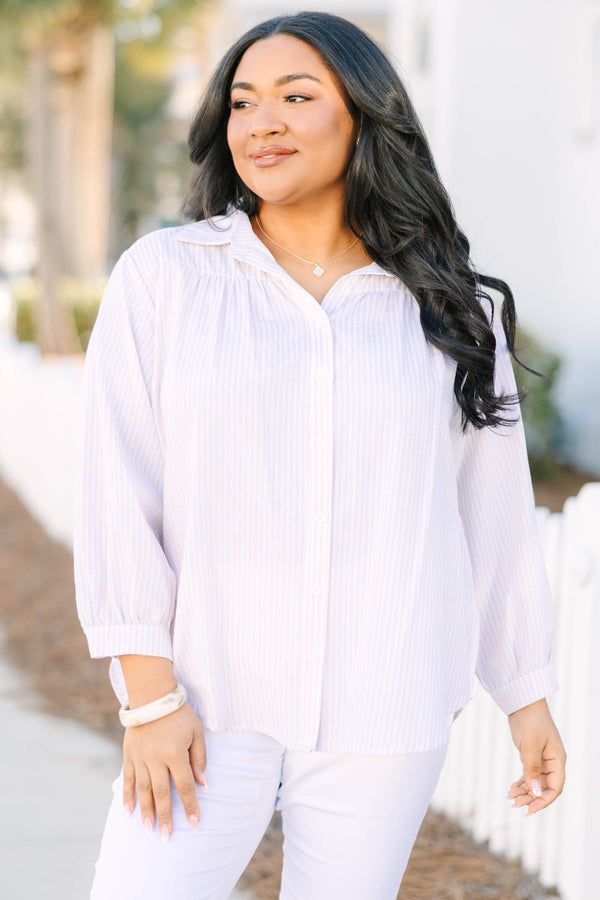 Chic Soul plus size clothing, light brown and white vertical pin stripe button down and collared long sleeve top