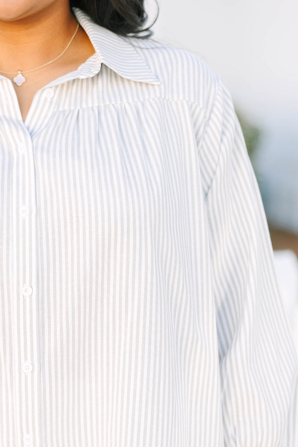 Chic Soul plus size clothing, light sage green and white pin stripe long sleeve button down collared top