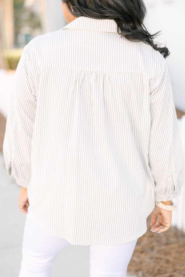 Chic Soul plus size clothing, light sage green and white pin stripe long sleeve button down collared top