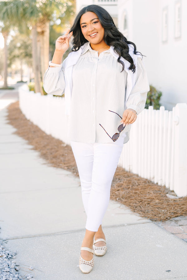 Chic Soul plus size clothing, light sage green and white pin stripe long sleeve button down collared top