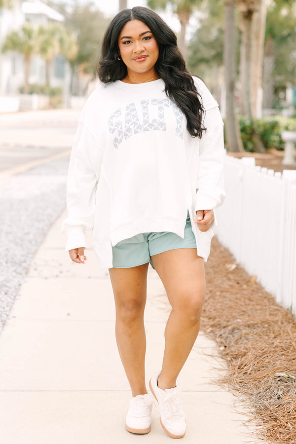 Chic Soul plus size clothing, ivory long sleeve comfy crewneck sweatshirt side slits with 