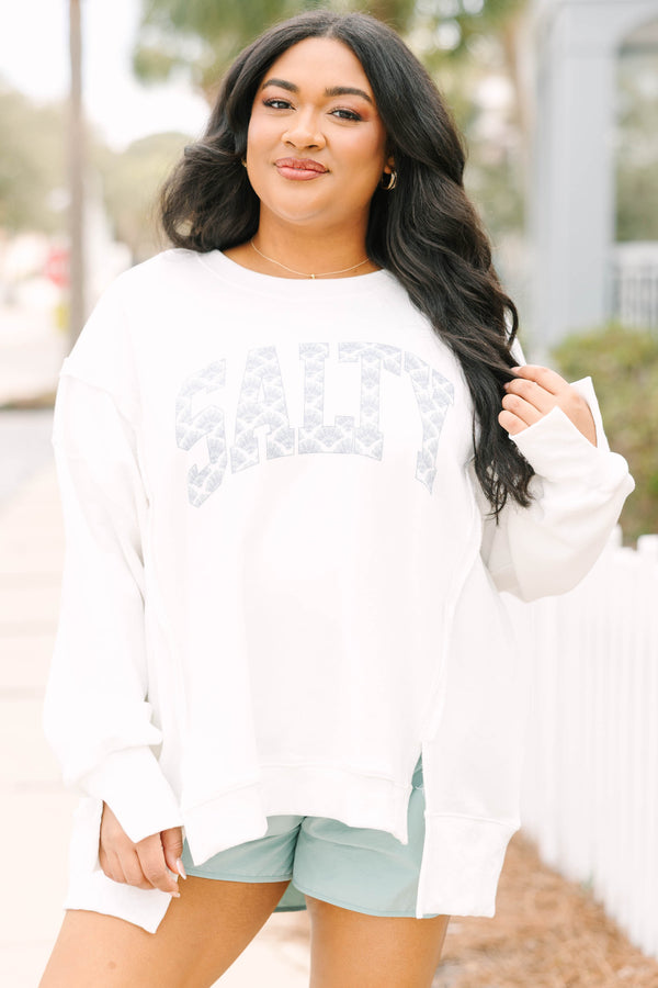 Chic Soul plus size clothing, ivory long sleeve comfy crewneck sweatshirt side slits with 