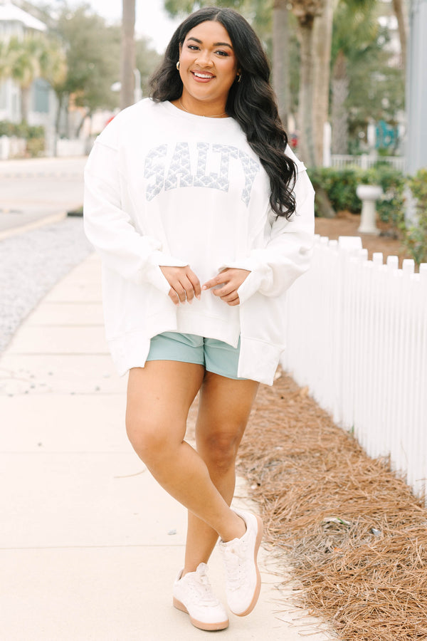 Chic Soul plus size clothing, ivory long sleeve comfy crewneck sweatshirt side slits with 