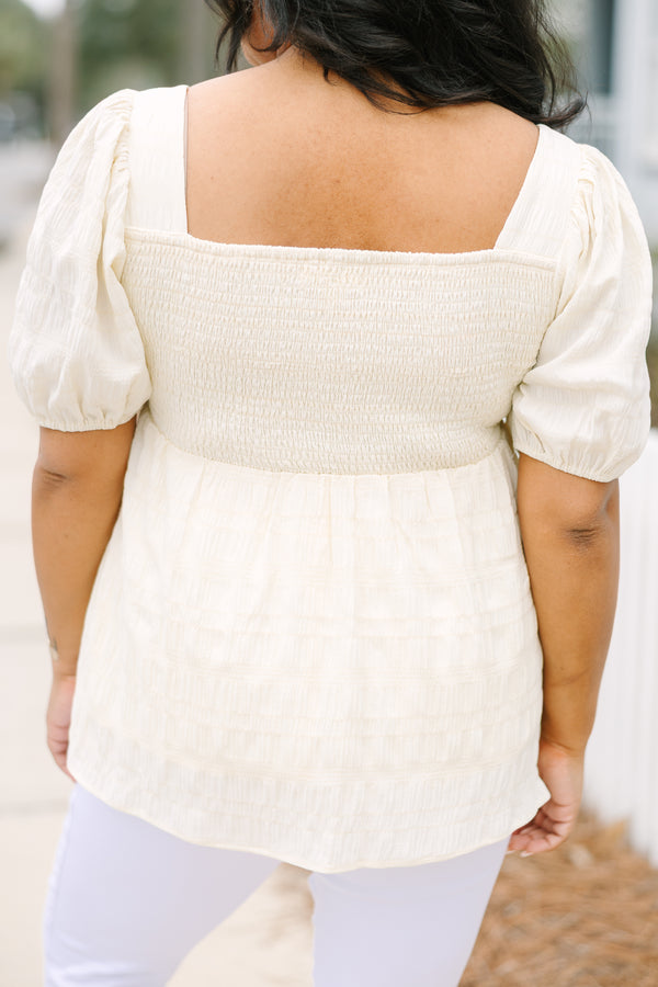 Chic Soul plus size clothing, cream babydoll top with puff sleeves and smocked back panel for stretch
