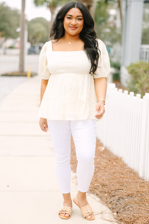 Chic Soul plus size clothing, cream babydoll top with puff sleeves and smocked back panel for stretch