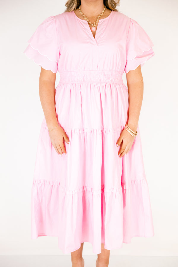 Chic Soul plus size clothing, pink tiered maxi dress with a slight v-neckline a sinched waistband and flutter sleeves that have a scalloped layered detail 

