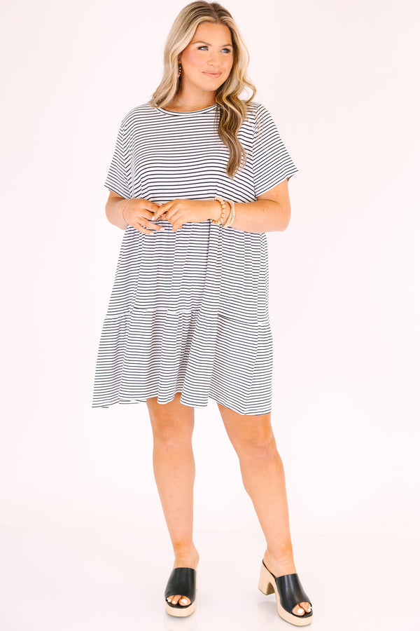 Chic soul plus size clothing, cream dress with black stripes and short sleeves 