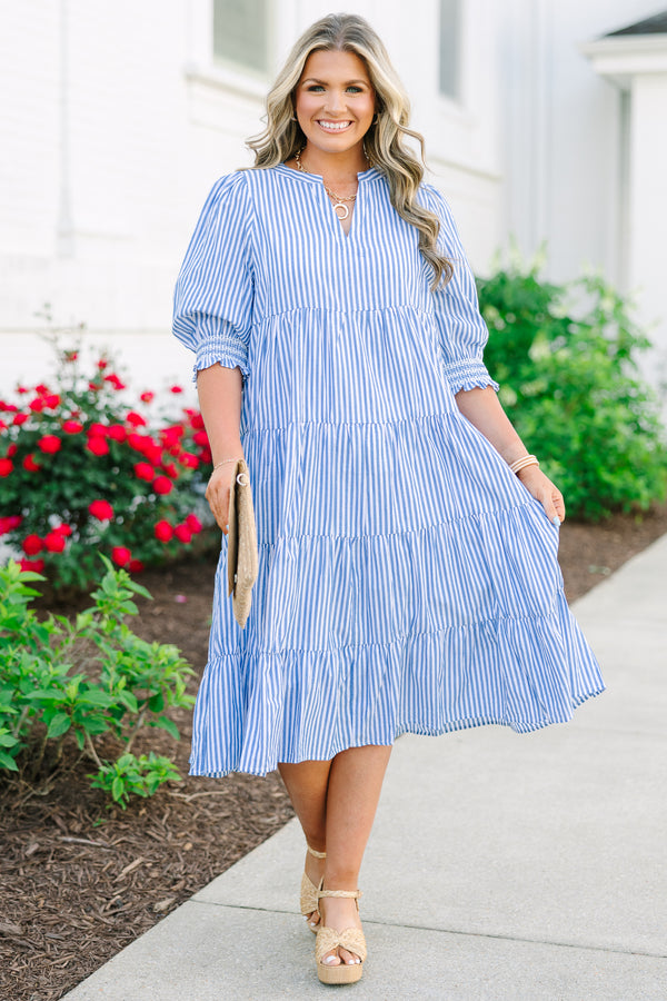 Chic Soul plus size clothing, a blue and white striped dress featuring a puff sleeve, a notch style V-neck collar, and 5 tiers