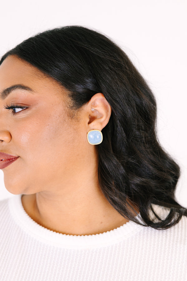 Chic Soul plus size clothing, blue square stone stud earrings with a gold outline 