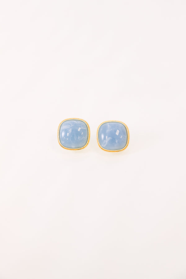Chic Soul plus size clothing, blue square stone stud earrings with a gold outline 