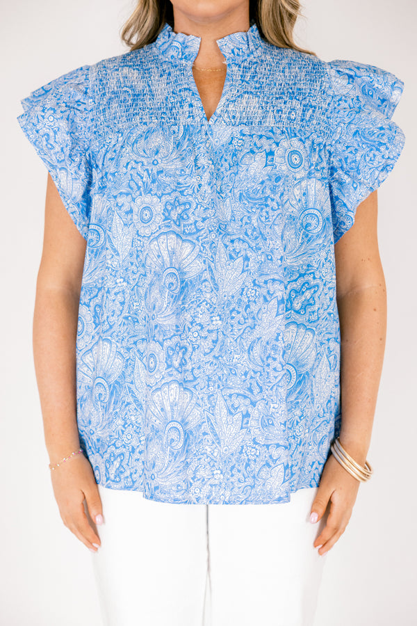 Chic Soul plus size clothing, blue and white floral print flutter sleeve high neck top with v neck cutout 